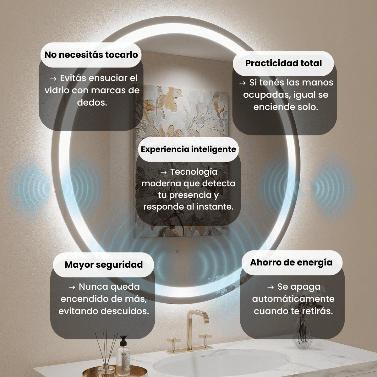 Espejo Redondo Luz Led 60cm Sensor Presencia Inteligente Decorativo