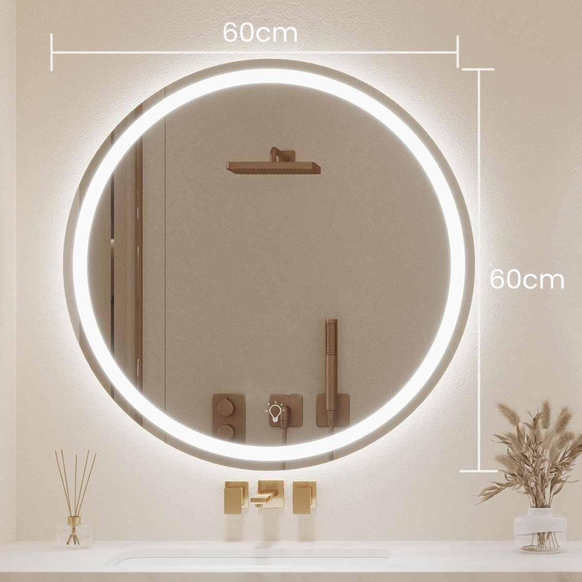 Espejo Con Luz Led, anti-empañante Redondo 60cm Decorativo Pared Baño Sala