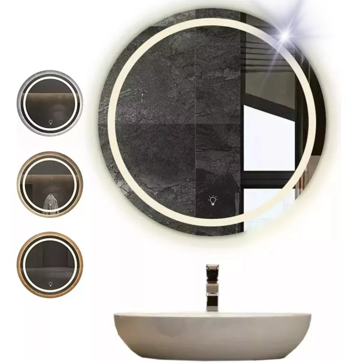 Espejo Con Luz Led, anti-empañante Redondo 60cm Decorativo Pared Baño Sala