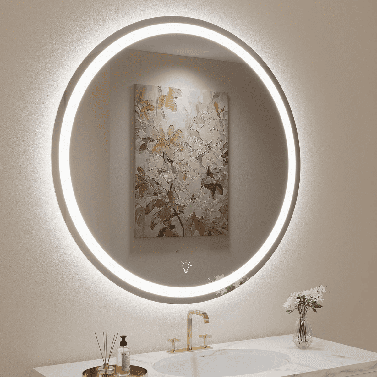 Espejo Con Luz Decorativo De Pared Led Redondo Marco Pulido Para Living Baño Sala 60cm Touch